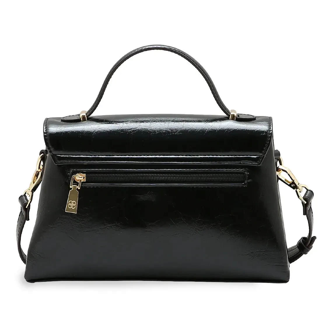 Bolsa Chenson preta vista lateral com alça transversal removível e ferragens douradas